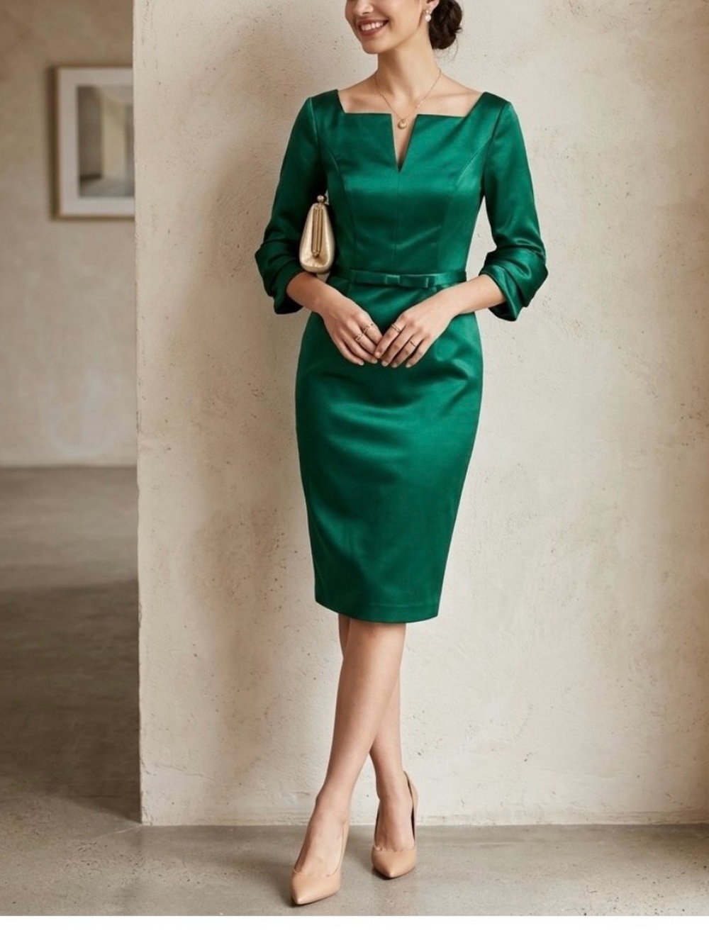 LanTing Bride Emerald Green Satin Sheath Cocktail Wedding Guest Dress Size 10/M